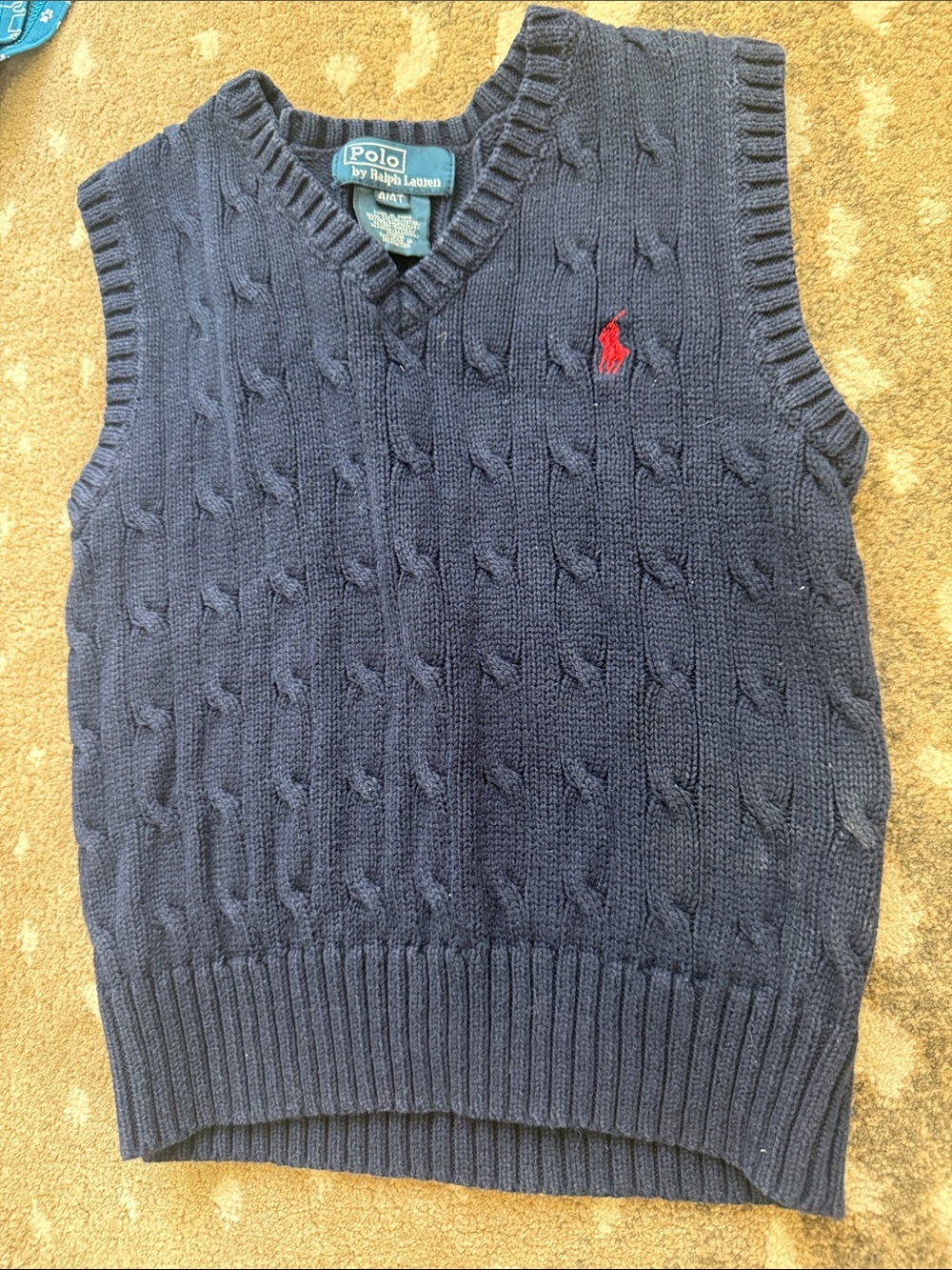 Polo by Ralph Lauren Navy Cable-Knit V-Neck Sweater Vest with Red Pony